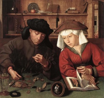 Wife Oil Painting - The Moneylender and his Wife Quentin Matsys
